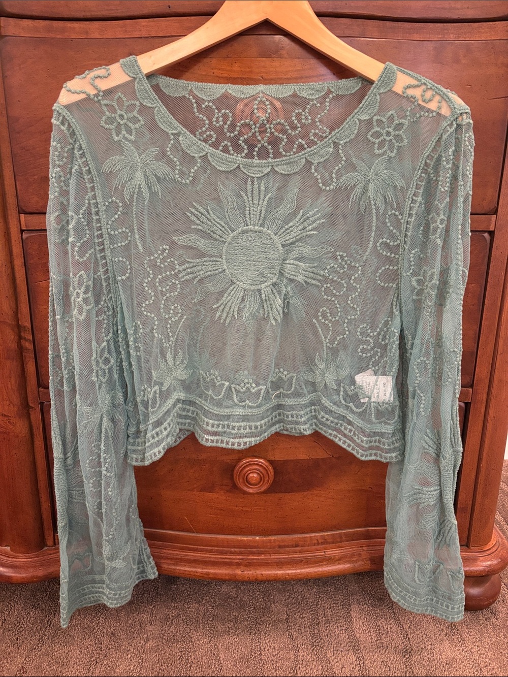 Sheer Embroidered Sun Motif Top - Sage Green